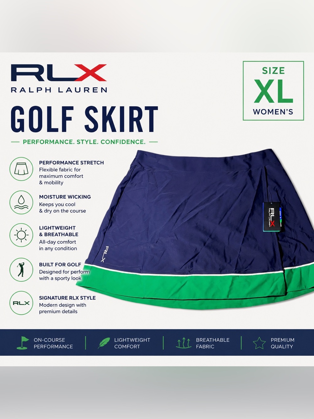 RLX Ralph Lauren Golf Skort Skirt Size XL NWT |Navy Green Stretch Athletic Golf